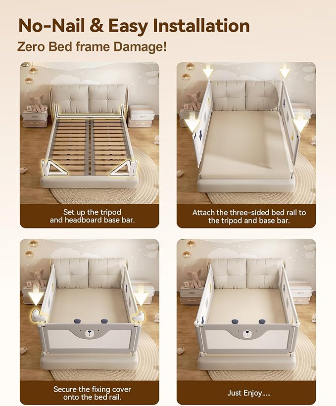 3 Piece Bed Rails for King Size Bed, No-Drill Needed Baby Bed Rail Guard | Thickened Child Safety Side Railing Guards, Height Adjustable Bedrail for Kids, 3-Side for King Bed 74.8”x78.7”x78.7”