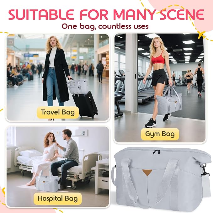 Duffle Bag for Travel, Carry-on Travel Bag with Trolley Sleeve, Sport Gym Bag for Women, Overnight Bag for Men, Hospital Bag for Labor and Delivery (Grey)