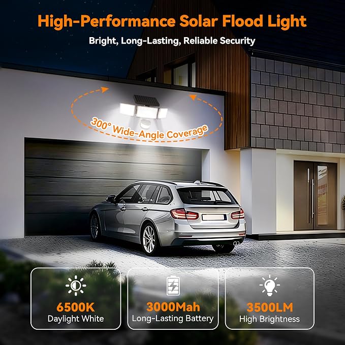 Solar Lights Outdoor, 3500LM 168 LED Motion Sensor Solar Flood Lights, 3 Heads 300° Wide Angle, 3 Modes IP65 Waterproof Solar Security Lights for Yard Garden Patio, 4 Pack (Brown)