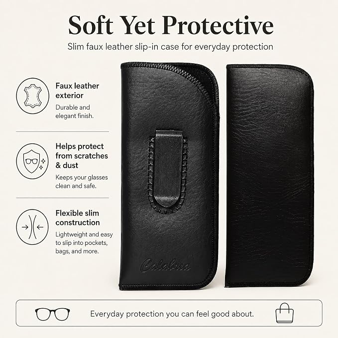 Calabria Slim Eye Glasses Case with Clip Soft PU Leather Black (3Pack) Men Women Eyeglass Pouch Slip-In Eyewear Sunglasses Bag