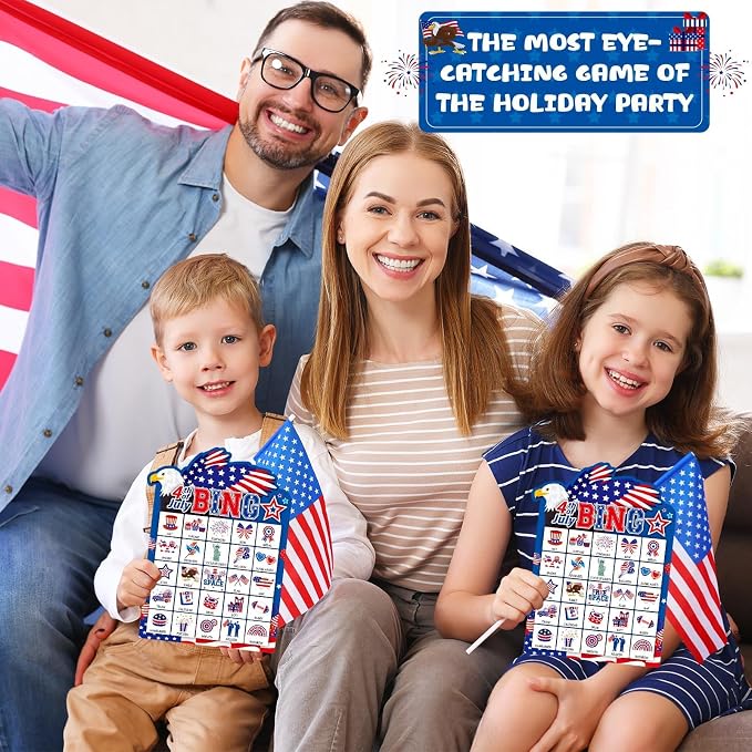 39Pcs 4th of July Bingo Game for Adults Kids 24 Players Eagle Shape Bingo Game Cards with Reward Stickers for Family Friend Student Large Group Activities Independence Day Patriotic Party Favors
