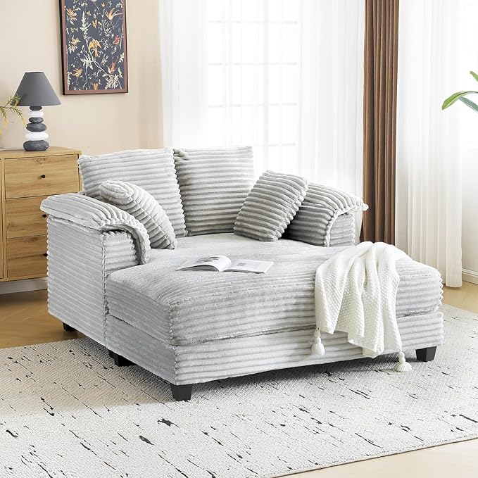 VINGLI 56" Oversized Chaise Lounge Chair, Light Grey Comfy Corduroy Chaise Sofa Recliner Bed Upholstered Sleeper Couch Bed with Throw Pillows and Armrests for Living Room, Movie Room, Bedroom