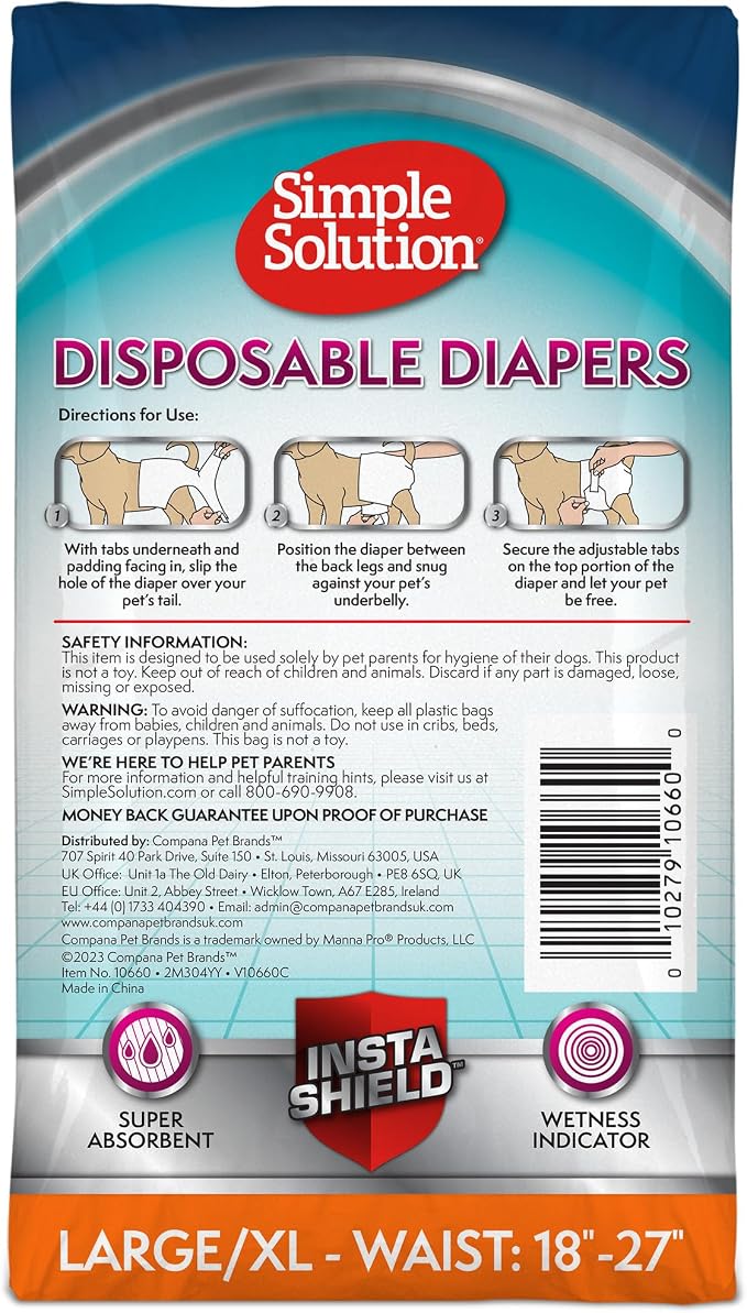 Simple Solution Female Dog Diapers, Disposable Dog Diapers, L/XL, 30 Count | Dog in Heat, Potty Training, Incontinence Support, Leak Proof, Puppy Training, Disposable Protection, Secure Fit, 18-27 Inch