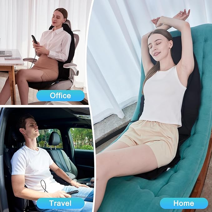 Portable Back Massager with Heat & Vibration - Deep Tissue Pain Relief for Shoulder, Back, Lower Back and Thighs - Office Chair Massage Pad, Ideal Gift for Men and Women