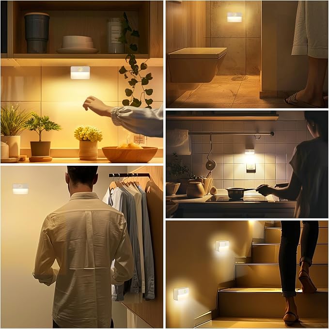 16 Pack Rechargeable Motion Sensor Stair Lights for Indoor, Wireless Battery Operated Night Light, Magnetic Led Stick On Portable Lamp for Step Hallway Closet Under Cabinet Bedroom Kitchen Bathroom