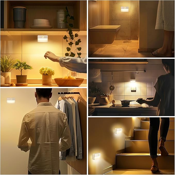 3 Pack Rechargeable Motion Sensor Stair Lights for Indoor, Wireless Battery Operated Night Light, Magnetic Led Stick On Portable Lamp for Step Hallway Closet Under Cabinet Bedroom Kitchen Bathroom