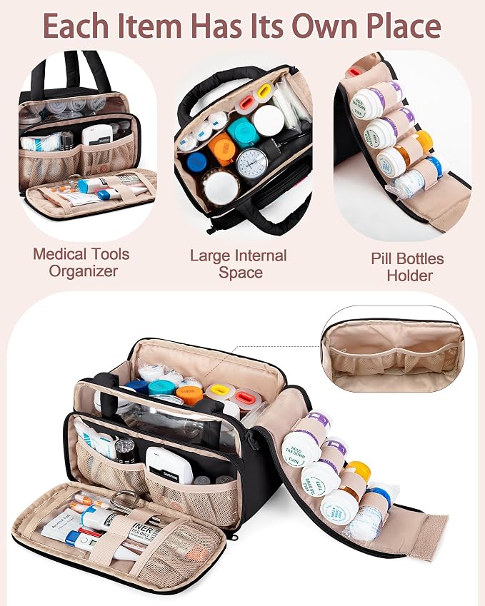 Fasrom Chenille Letter Medicine Bag, Pill Bottle Organizer for Travel Meds | Preppy Patch Design, Puffy Handle, Portable Storage for Medical Supplies & Toiletries, Makeup Case for Women