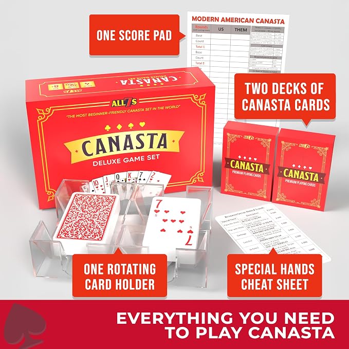 All7s Deluxe Canasta Game Set - Canasta Set with Rotating Card Holder Tray and Scorepad - Large Print Cards for Adults and Seniors - Weekly Card Night