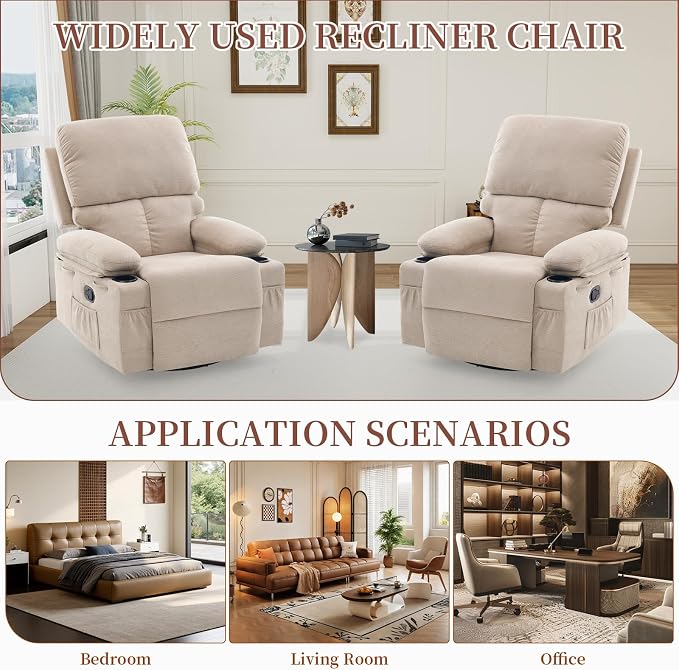 Recliner Chair for Adults, Nursery Glider Recliner with Massage and Heat, 360° Swivel Rocker Recliner, Manual Reclining Chair with Cup Holder, Side Pocket, Ergonomic for Moms and Elderly, Beige