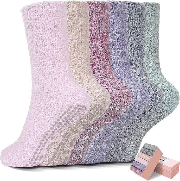 HUGSWEET 6 Pairs Thick Fuzzy Socks with Grip Cozy Non Slip Hospital Socks Home Fluffy Warm Slipper Socks Gifts for Women