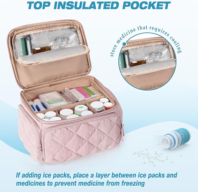 Marscamd Pill Bottle Organizer with Insulated Pocket, Pink (Bag ONLY) | with 4 Customized Dividers & Padded Protection for Pill Bottles, Insulin and First Aid Supplies