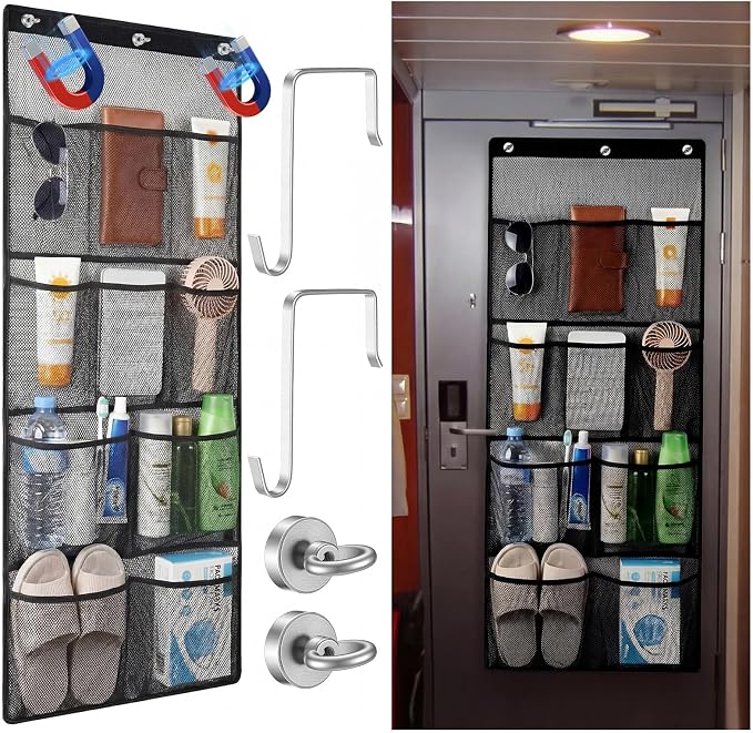 Hushee Magnetic Cruise Shower Organizer over The Door Organizer for Cruise Ships Essentials 2026 Magnetic Door Mesh Hanging with 10 Pocket 4 Large Shoe Rack Storage for Bathroom Cabin Closets(Black)