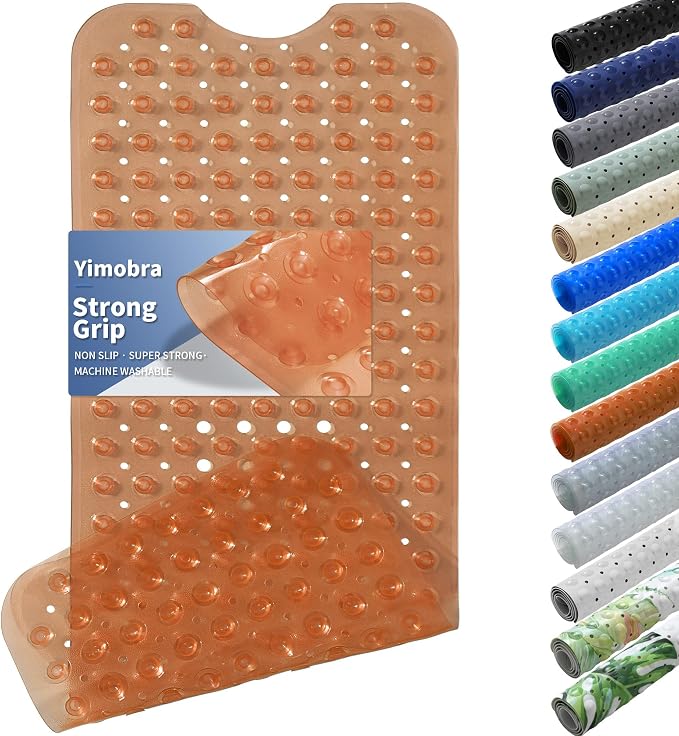 Yimobra Non Slip Bathtub Mat 40 x 16 Inch, Extra Long Shower Mat with Drain Holes, Machine Washable Baby Bath Mats, Strong Suction Cups for Bathroom Floor, Clear Brown