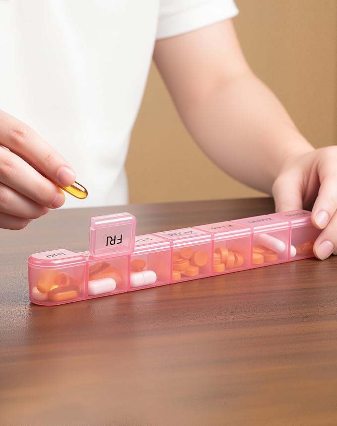 Daviky Weekly Pill Organizer 2 Pack Large Capacity Travel Pill Organizers Pill Box 7 Day Compact Travel Pill Case Medicine Pill Organizers for Vitamins, Supplements and Medications (Blue & Pink)