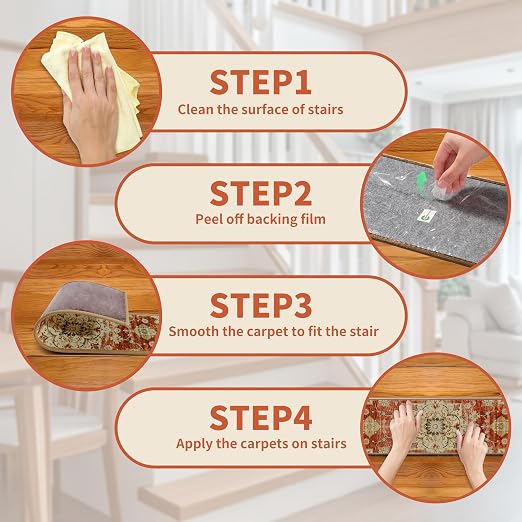 Non Slip Stair Treads for Wooden Steps, 1 Pack 30"x30" Washable Carpet | 30x30 in soft chenille polyester stair treads with reusable TPE backing for indoor wood stairs, dogs, kids, and seniors