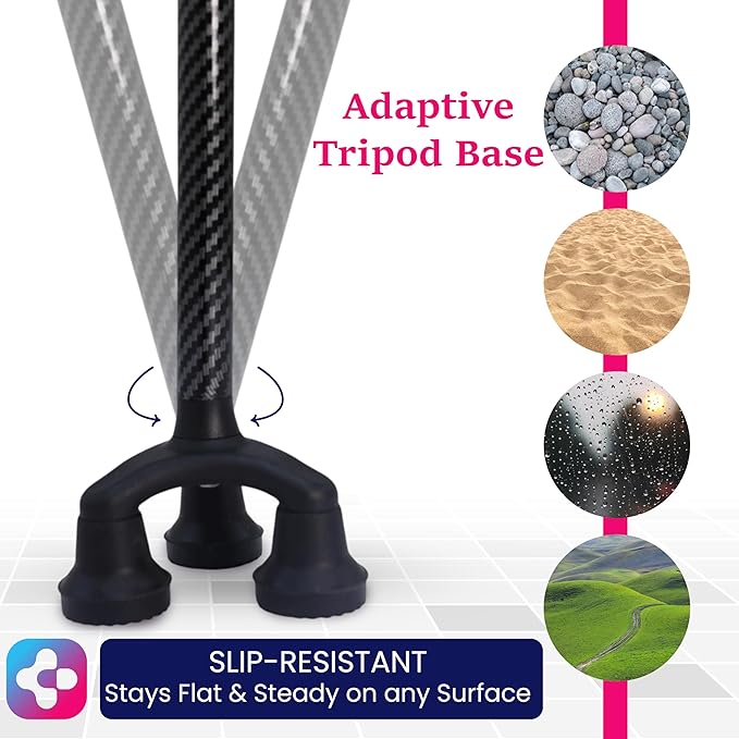 Dr. Aid Tripod and fourpod Walking Cane for Men & Women Premium Carbon Fiber Black Cane Adjustable Heavy-Duty 3 or 4-pronged Walking Stick for Seniors, Supports 400 lbs