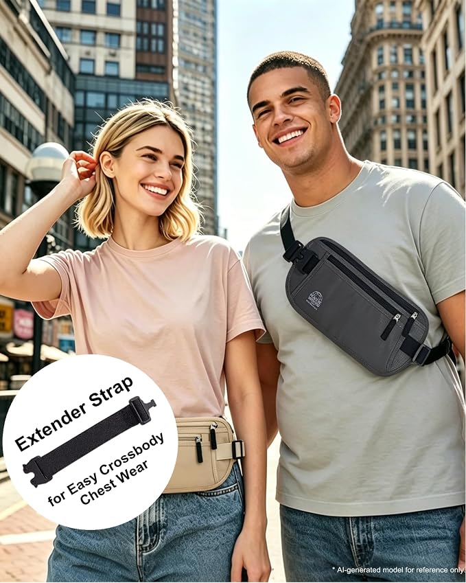 Money Belt for Travel, Passport Holder, RFID Blocking, Sweat-Proof, Gray | 3rd Gen Hidden Waist Wallet Anti Theft to Protect Cash, Credit Cards and Documents Under-Clothes for Men & Women, Bamneat