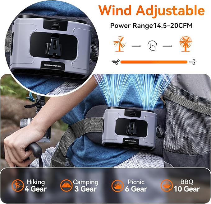 Doublepow 10000mAh Portable Waist Fan, Personal Dual Waist Fan, Clip On Belt Hanging Neck, Dual Motor 20H&10 Speed 16000RPM Strong Airflow, USB Rechargeable Fans, for Outdoor Work Travel(K60-Gray)
