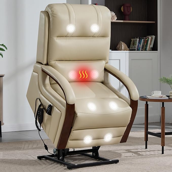 Power Lift Recliner Chair for Elderly, Dual Motor Lift Chair with Vibration Massage and Lumbar Heat, Lay Flat Recliner with Solid Wood Armrest, Standing Assistance Reclining, Faux Leather Beige