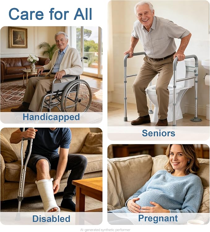HOMLAND Toilet Safety Rails for Seniors, Adjustable Height & Width, 350 Lbs | Padded Armrests, Foldable Aluminum Toilet Safety Frame, Handicap Toilet Handles for Elderly and Disabled, Fit Any Toilets