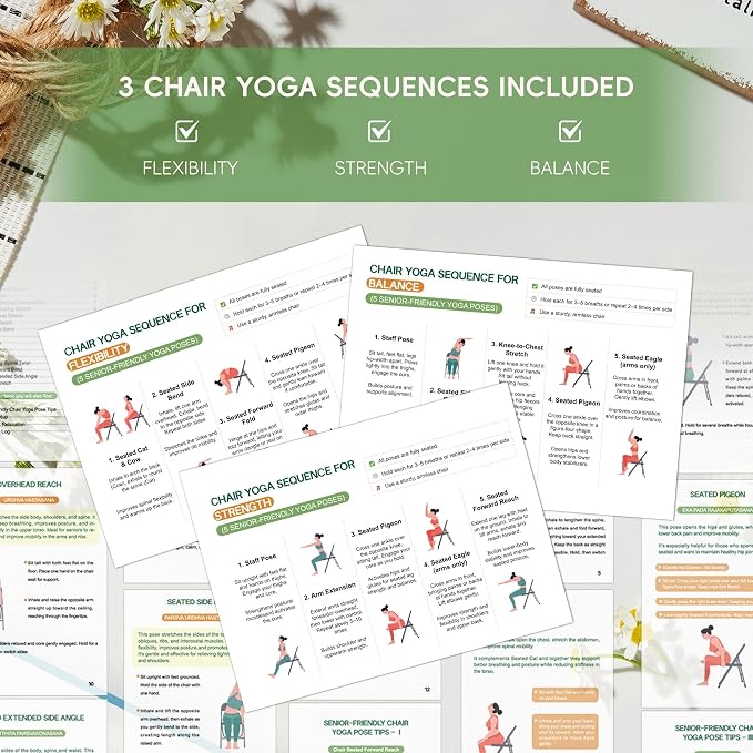 Chair Yoga for Seniors Over 60 Book & Chart – 30-Day Challenge, Gentle Seated Yoga Guide, Chair Yoga for Weight Loss & Flexibility, Senior Chair Exercises for Women & Men, 8.5x11" Book on Chair Yoga (Purple)