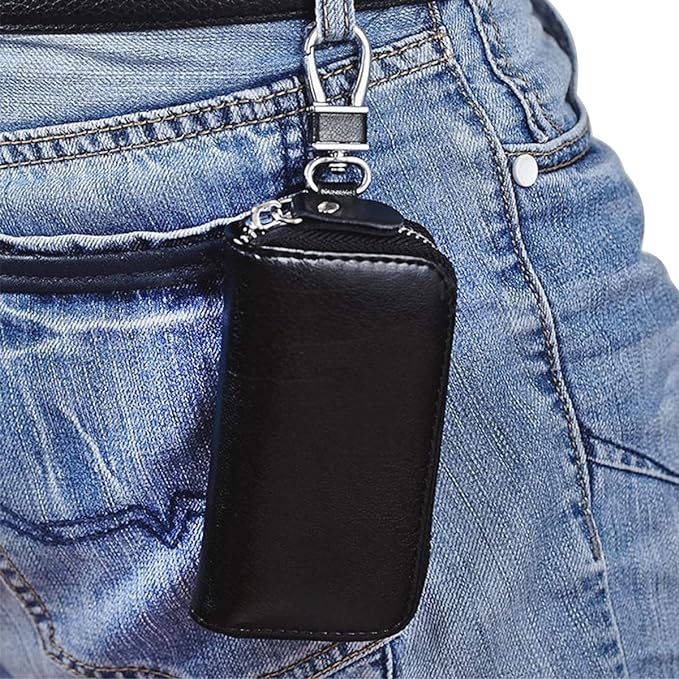 WESTONETEK Unisex Mens Womens Premium Leather Car Key Holder Bag Keychain Case Wallet with 6 Hooks Zipper Closure