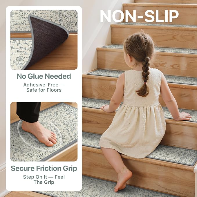 sarben 8"x30" Non Slip Stair Treads for Wooden Steps 15 Pack, Beige Line | Peel and Stick Carpet Stair Runner with TPE Adhesive Backing, Carpet for Added Safety, Pet and Senior Friendly