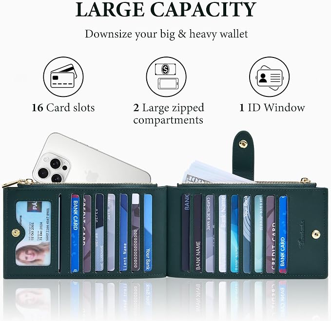 Travelambo Womens Leather Bifold Wallet, Slim RFID Blocking Card Holder | Large Capacity, 16 Card Slots & ID Window, 2 Zipper Pockets, Dual Snap Closure, Slim Lightweight, RFID Privacy Protection