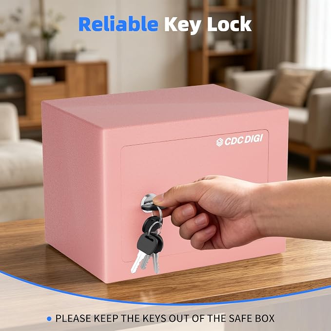 CDC DIGI Steel Security Safe Box with Key Lock,Safe Box for Home, Office, Money, Jewelry, Documents and Valuables, 0.23 Cubic Feet, 9.06" W x 6.69" D x 6.69" H, Pink