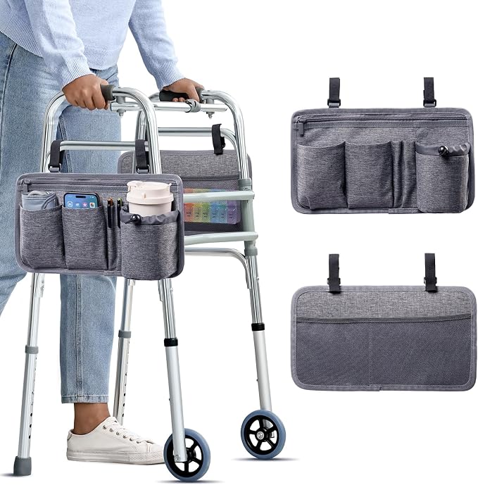 BAGSFY 2-Pack Walker Side Bag, Universal Walker Accessories with Cup Holder, Waterproof Folding Walker Organizer Caddy Pouch for Most Walkers with Side Bars, Double-Sided Storage for Seniors & Elderly