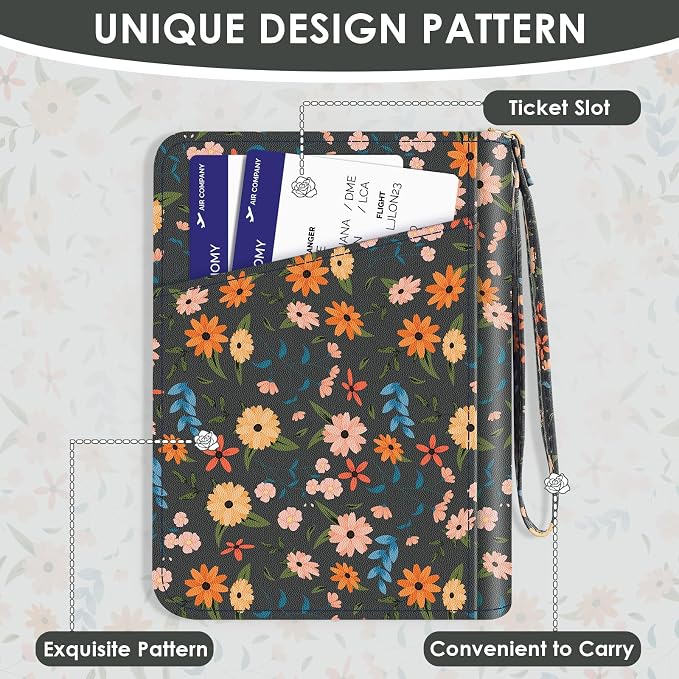 KONVINIT Black Floral Passport Holder For Travel, Passport Cover For Women | Leather RFID Blocking Passport Holder, Cute Passport Wallet with Zipper Closure, Passport Case for Women and Men