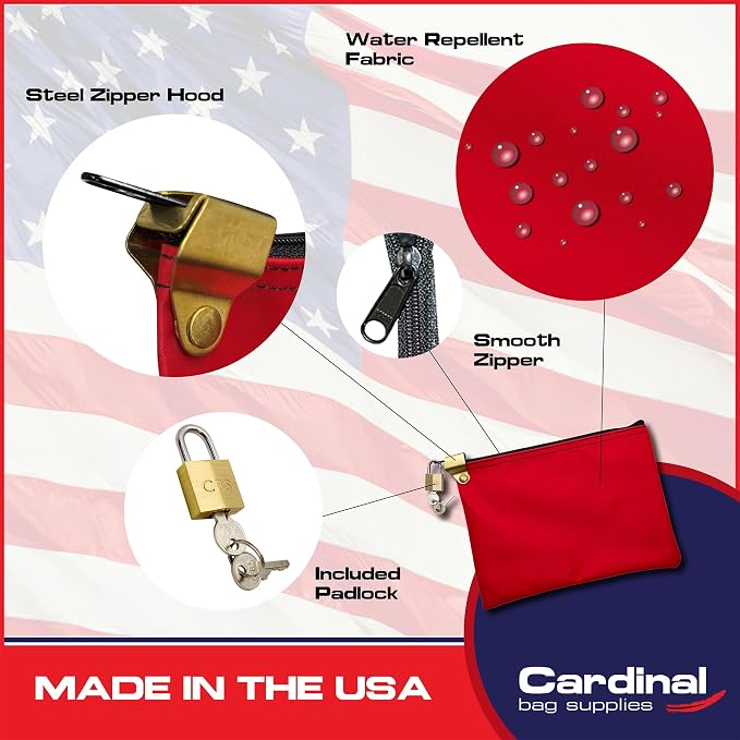 Medication Security Bag with Padlock, Red | Hood Security Bag, Included 2 Keys, Small Pill Bag, Travel Carry Pouch, Medicine Storage, Made in USA