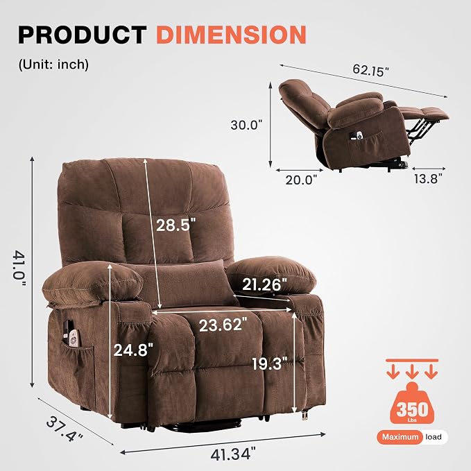 MAHOMICO Power Lift Recliner Chair for Elderly with Vibration Massage and Lumbar Heating,Electric Lift Recliner Single Sofa with Side Pocket,Two Cup Holders and USB Charge Port for Living Room