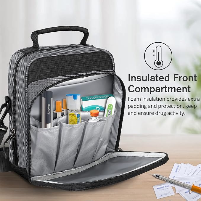 MEDMAX Insulin Cooler EpiPen Carrying Case Insulated, Travel Medication Diabetes Supplies Organizer Bag with Shoulder Strap for Asthma Inhaler, Auvi-Q, Allergy Medicine Essentials (Gray)