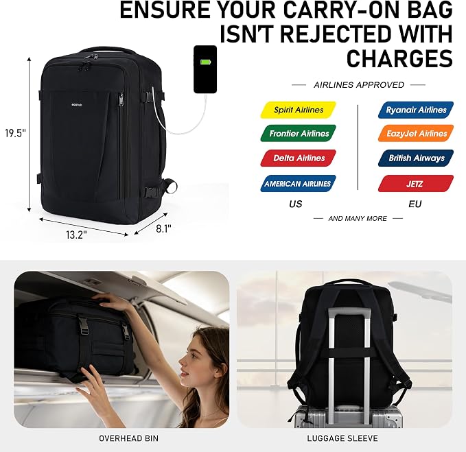 ECOHUB 35L TSA Friendly Travel Laptop Backpack for Men and Women, Large Carry-On Business Backpack with 17.3 In Laptop Compartment, Waterproof Oxford Fabric, Anti-Theft Pocket, Multiple Pockets, Black