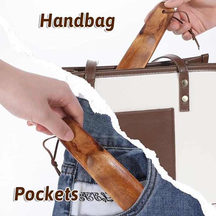 Piriuuo Wood Shoehorn, 6" Short Handle Shoe Horn with Leather Lanyard Non Slip Shoe Lifter Lazy Shoes Aid Tool Easy Wear Helper Shoehorns for Seniors Pregnancy Men Women Kids