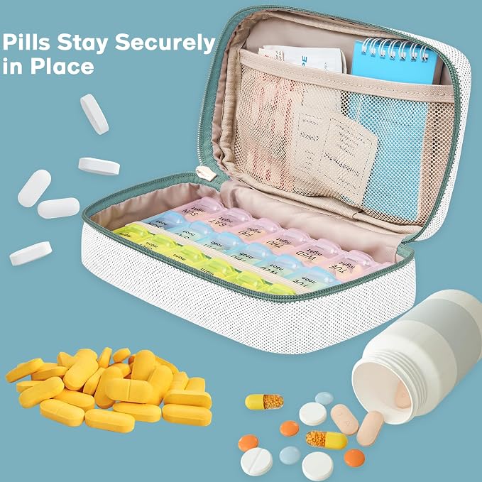 Weekly Travel Pill Organizer 3 Times A Day Pill Case for Purse with Removable 7 Day Pill Box Holder,Cute Medication Organizer Pill Container for Medicine, Vitamin, Fish Oils,Supplement(Teal, Large)