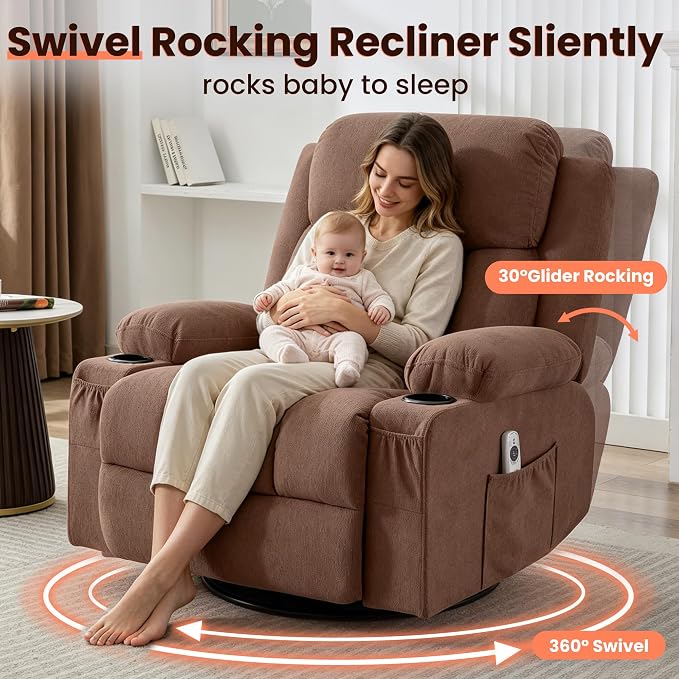 MAHOMICO Swivel Rocker Recliner Chair with Vibration Massage and Heat for Living Room,with Rocking Function and Side Pocket, USB Charge Port,2 Cup Holders