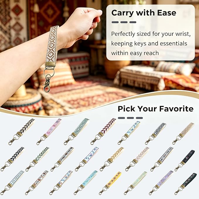 Boho Vintage Embroidered Floral plant Wristlet Keychain for Women | Cute Lanyard&Antique Brass Clasp, Lightweight Hands-Free Key Holder for keys,purses,handbags and daily outdoor use for ladies