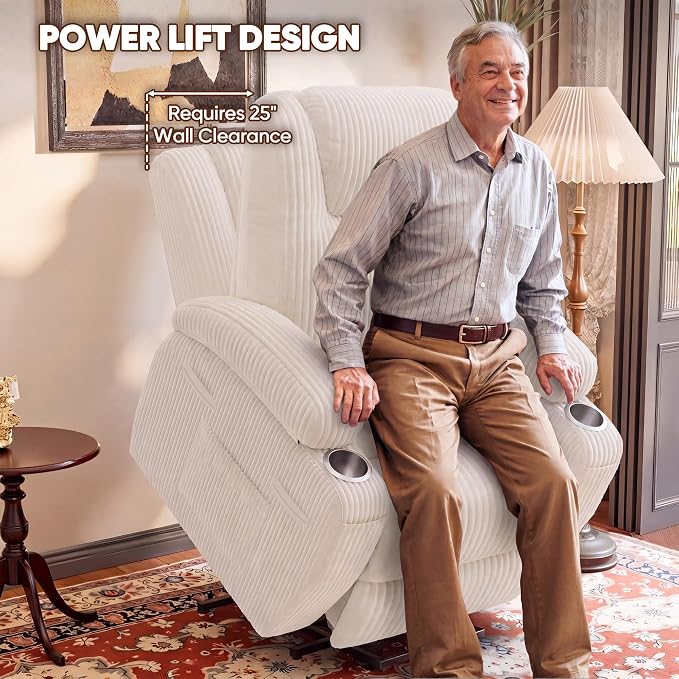Flamaker Power Lift Recliner Chair Electric Lift Recliner for Elderly | Power Lift Recliner Chair with Cup Holders Side Pockets for Living Room (Corduroy, Beige)