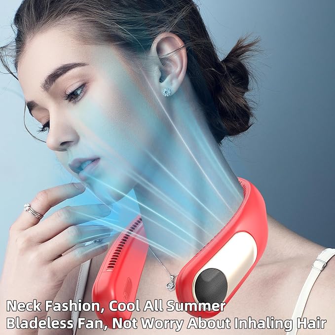 Portable Neck Fan, Personal Wearable Bladeless Fan for Outdoor Indoor, LED Display, 360° Cooling, 4-Speeds, 6000mAh USB Rechargeable, Birthday Gifts for Men Women Dad Mom (Red)