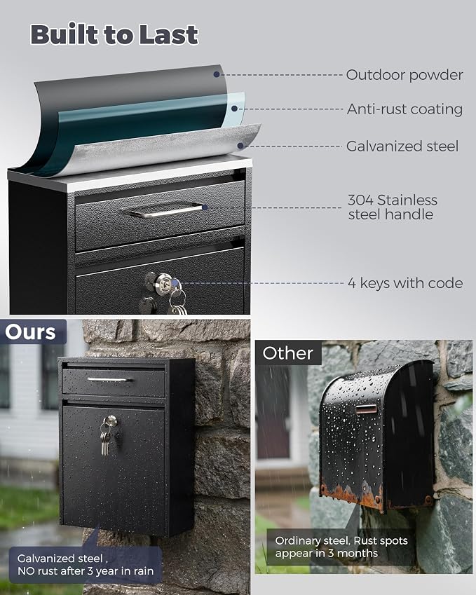LAND·VOI Large Capacity Mailbox for Outside, Heavy Duty Rustproof, Locking Mailbox, 4 Replaceable Keys, Weatherproof Wall Mounted Mailbox for Residential & Apartment, 15.4"×11.8"×4.7", Black, Large