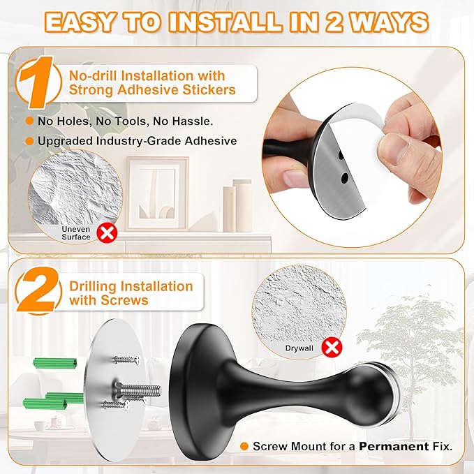 Crosize Magnetic Door Stoppers 4 Pack, Stainless Steel Door Stops for Wall and Floor Mounting, Door Holder Keep Door Open, No Drilling Door Stop with 3D Adhesive Tapes, Black