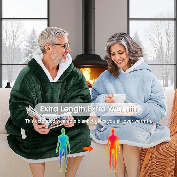 JOYWOO Green Wearable Blanket Hoodie,Oversized Cat Lovers Sweatshirt Blanket for Adult, Birthday Gifts for Women Mom grandma,Cozy Hooded Blanket with Giant Pocket Winter Gifts,Dark Green Standard