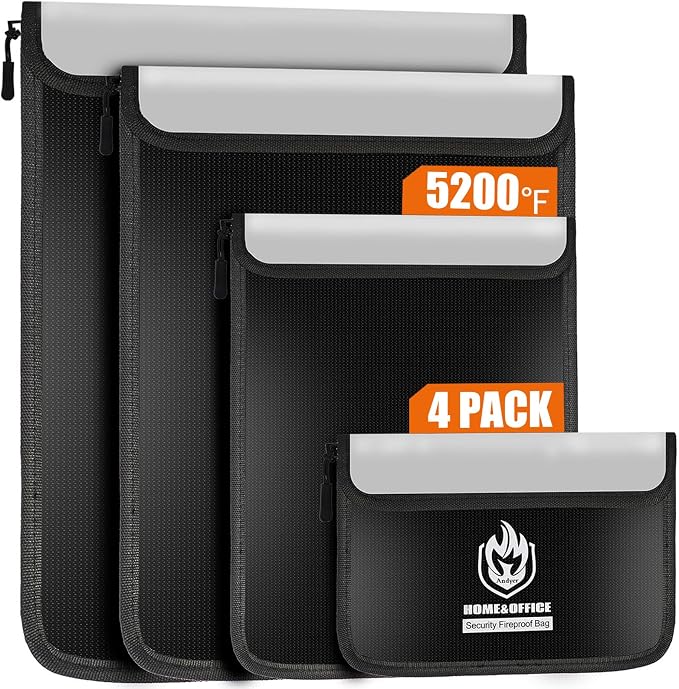 4 Pack Fireproof Document Bags, Waterproof Document Pouch Holder with Zipper, Fire Proof Money Bag for Cash, Fireproof Envelope Fire Safe Bag, Fire Resistant Storage for Legal/A4 Size (Black)
