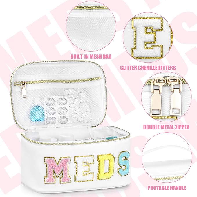 BuyCard Medicines Chenille Letter Bag Nylon Meds Makeup Pouch Preppy Path with Zipper and Handle Cosmetic Toiletry Storage Purse for Women White