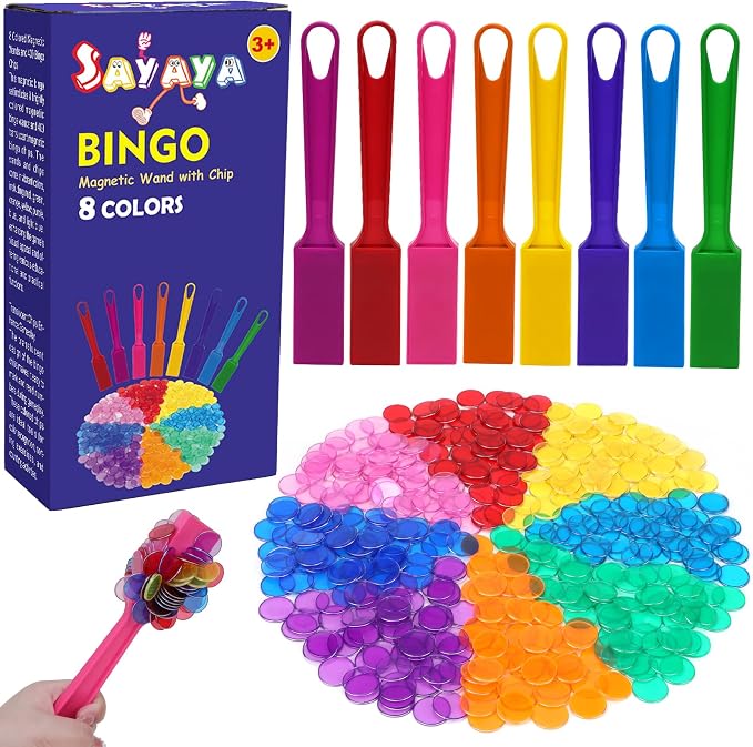 SAYAYA 8 PCS Magnetic Bingo Wand and Chips 7.87 inches Multi Colors Magnetic Wand with 400 PCS Bingo Chips for Counting Science Learning Family Game Night Activities