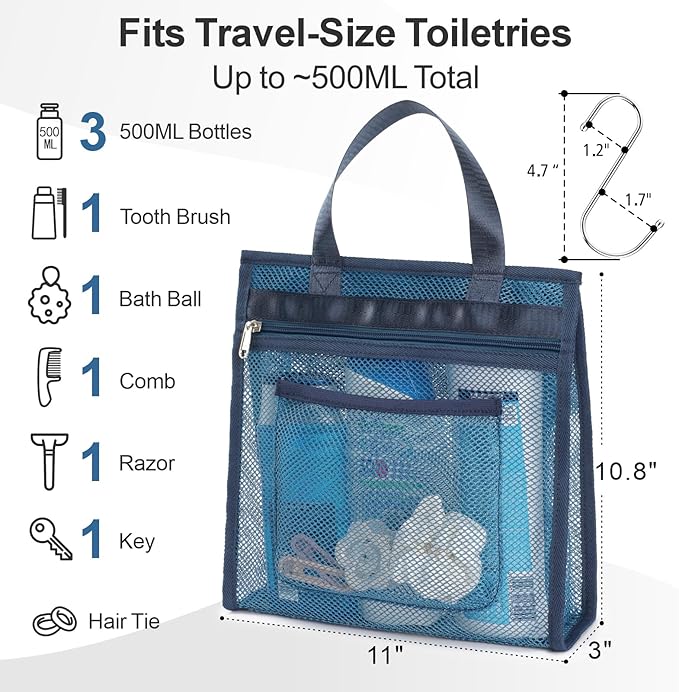 Small Mesh Shower Caddy Portable - Zipper Gym Travel Shower Bag, Navy Blue | 3 Pockets, Quick-Dry Mesh, S-Hook, Hanging Shower Caddy for Toiletry Essentials, Bathroom & Camping