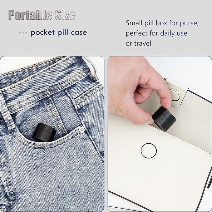 Portable Daily Pill Case, Heavy Duty Aluminium Alloy Round Pill Box, Waterproof Travel Pill Organizer, Pocket Purse Medicine Vitamin Holder EDC Container for Outdoor Camping Working