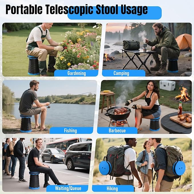 Doseno Collapsible Stool 2 Pack, Portable Telescoping Seat, Light Blue | 2 light blue adjustable stools with twist-lock setup and carry straps for camping, fishing, travel, events, and home
